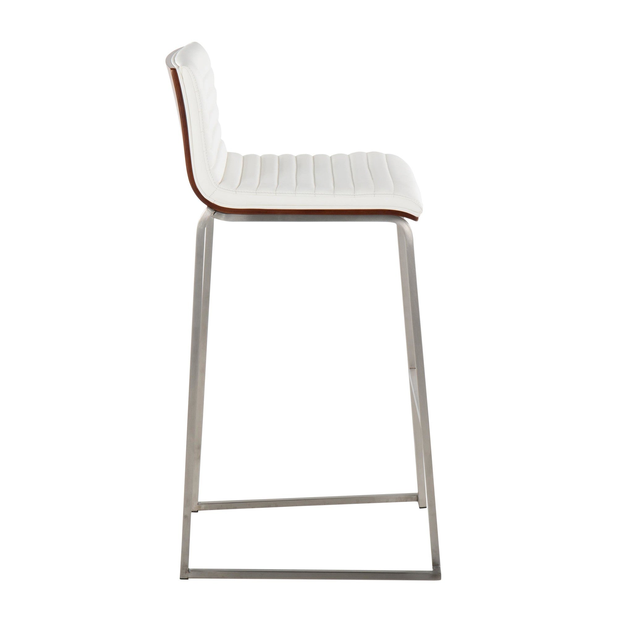 Mason Mara 30" Fixed-Height Barstool - Set of 2 - Stainless Steel, Walnut Wood, White PU