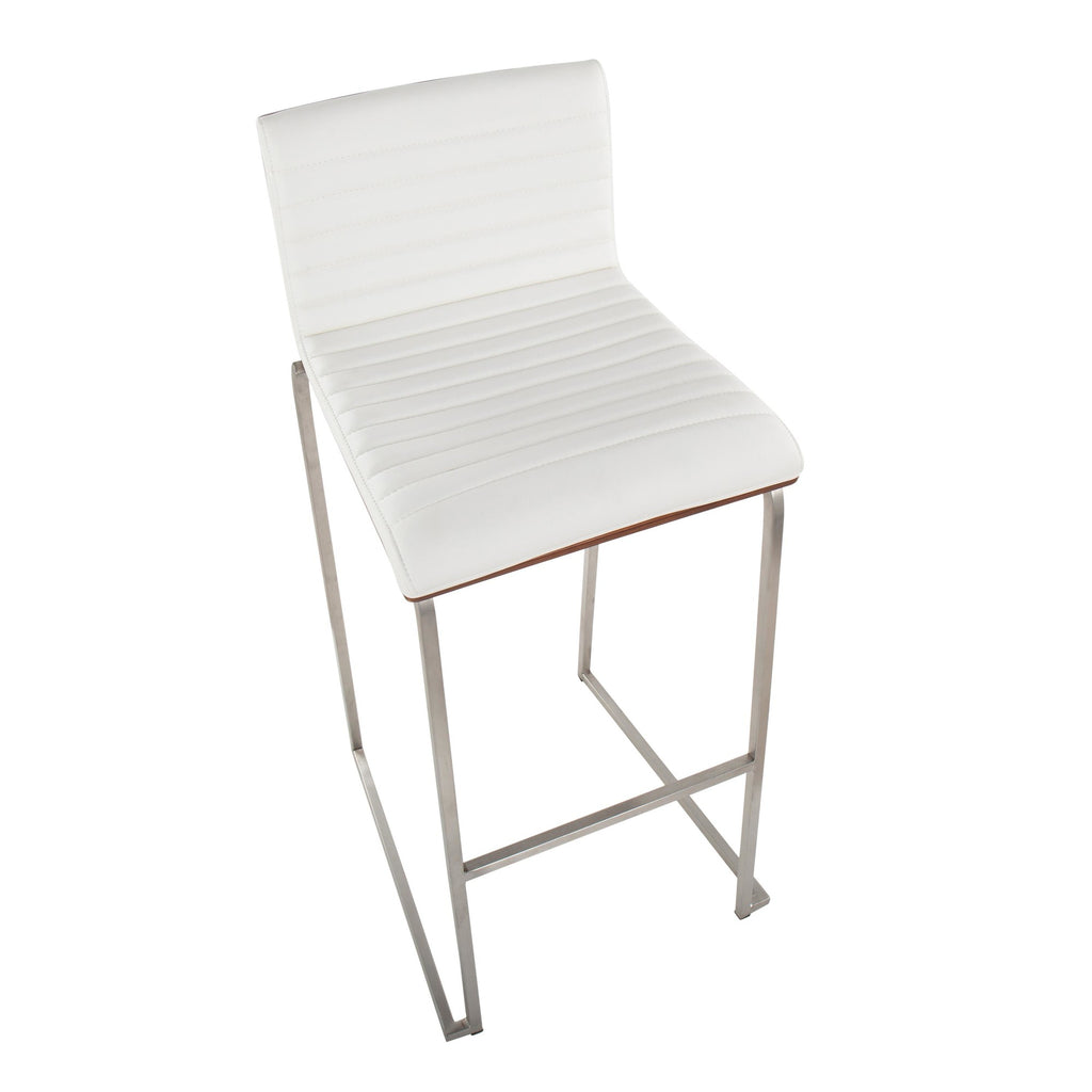 Mason Mara 30" Fixed-Height Barstool - Set of 2 - Stainless Steel, Walnut Wood, White PU
