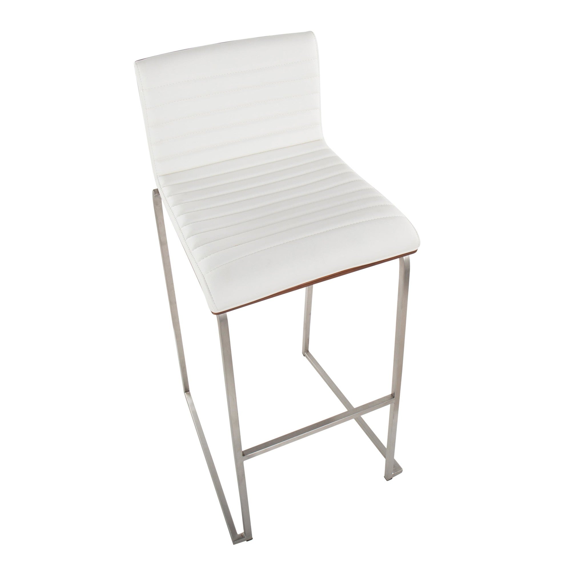 Mason Mara 30" Fixed-Height Barstool - Set of 2 - Stainless Steel, Walnut Wood, White PU
