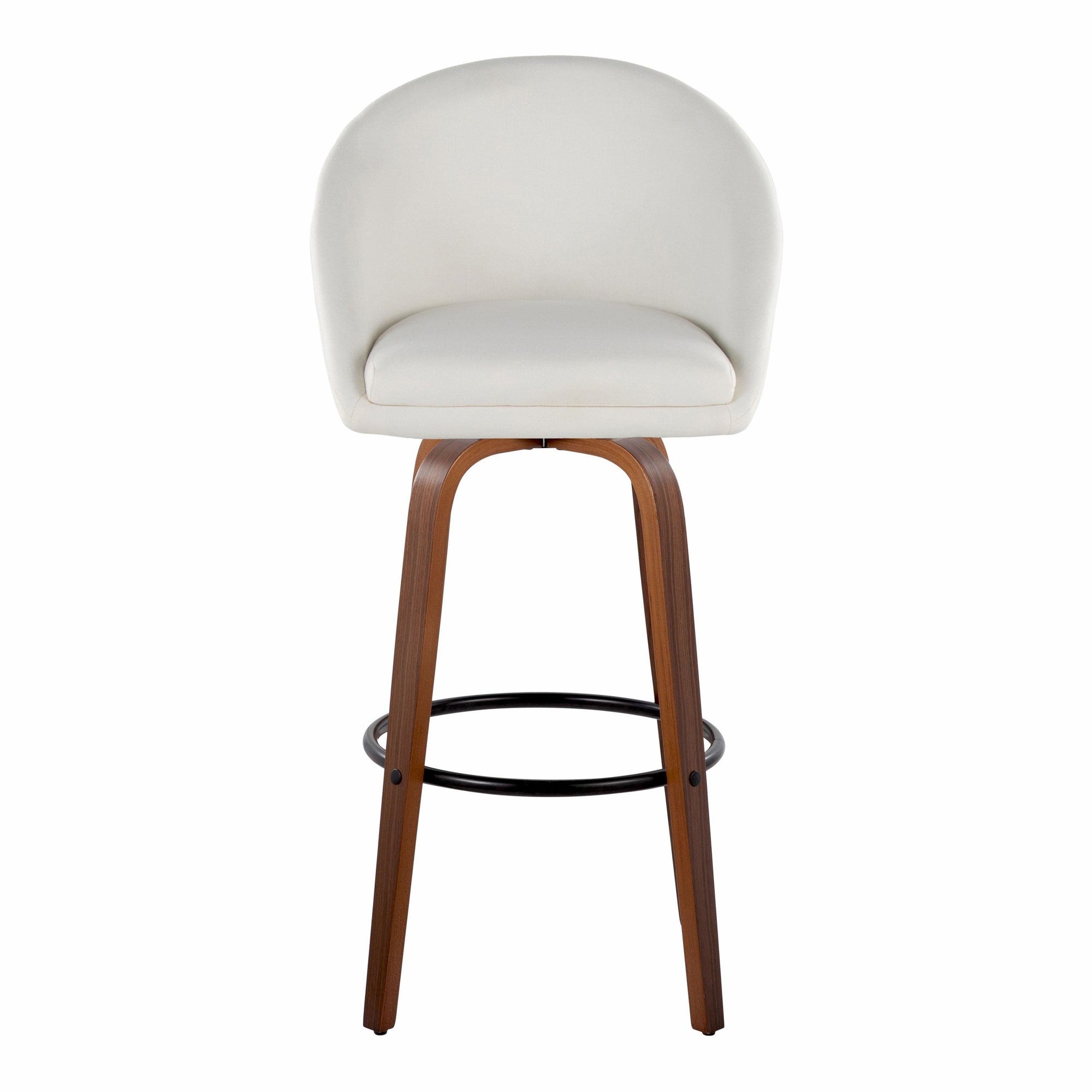 Matisse High Back 30" Fixed-Height Barstool - Set of 2 - Walnut Wood, Cream Fabric, Black Metal