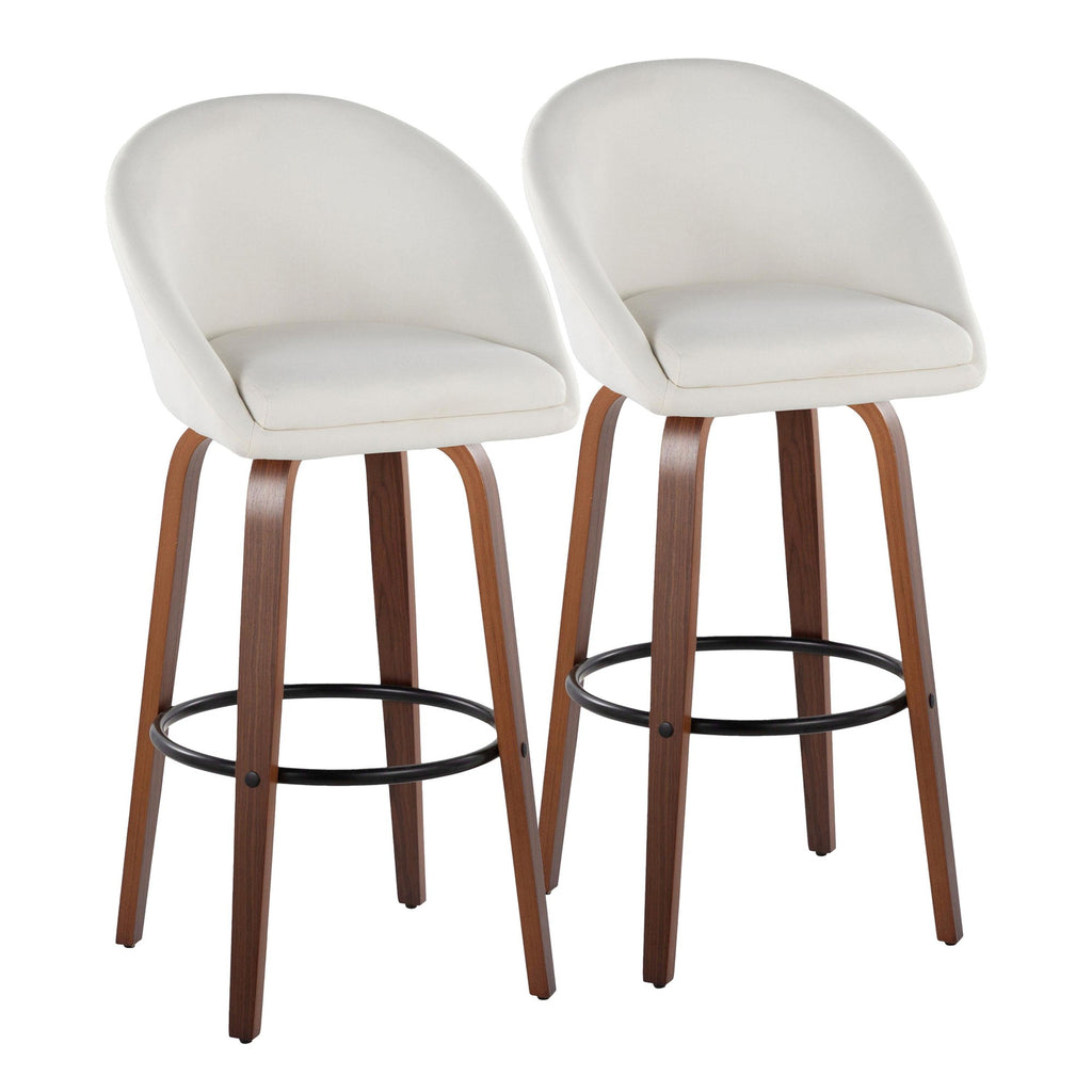Matisse High Back 30" Fixed-Height Barstool - Set of 2 - Walnut Wood, Cream Fabric, Black Metal