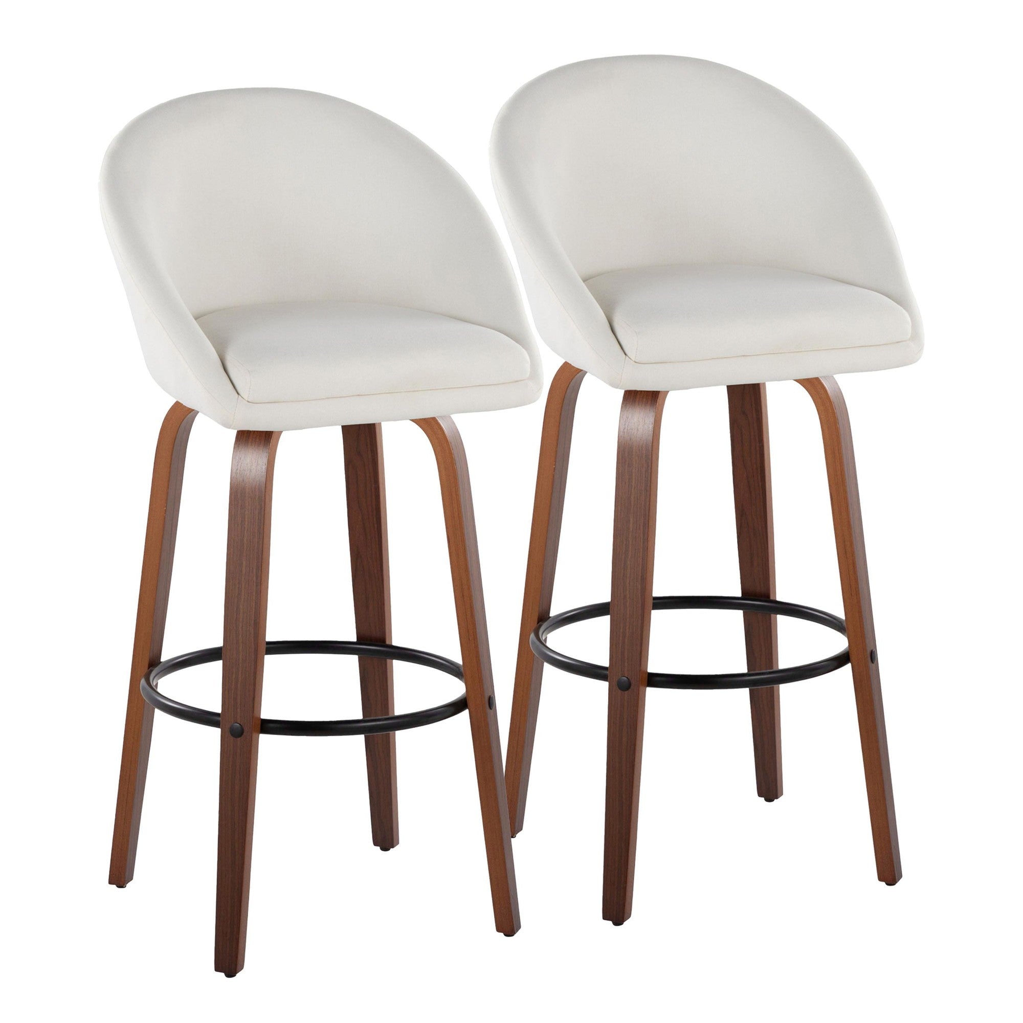 Matisse High Back 30" Fixed-Height Barstool - Set of 2 - Walnut Wood, Cream Fabric, Black Metal