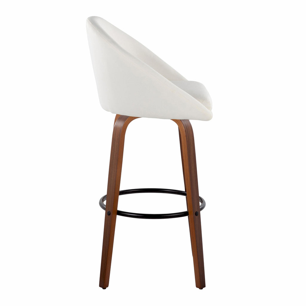 Matisse High Back 30" Fixed-Height Barstool - Set of 2 - Walnut Wood, Cream Fabric, Black Metal