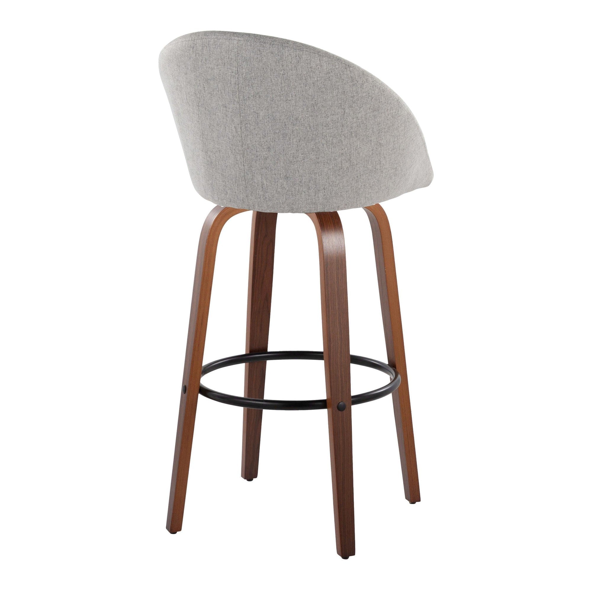 Matisse High Back 30" Fixed-Height Barstool - Set of 2 - Walnut Wood, Grey Fabric, Black Metal