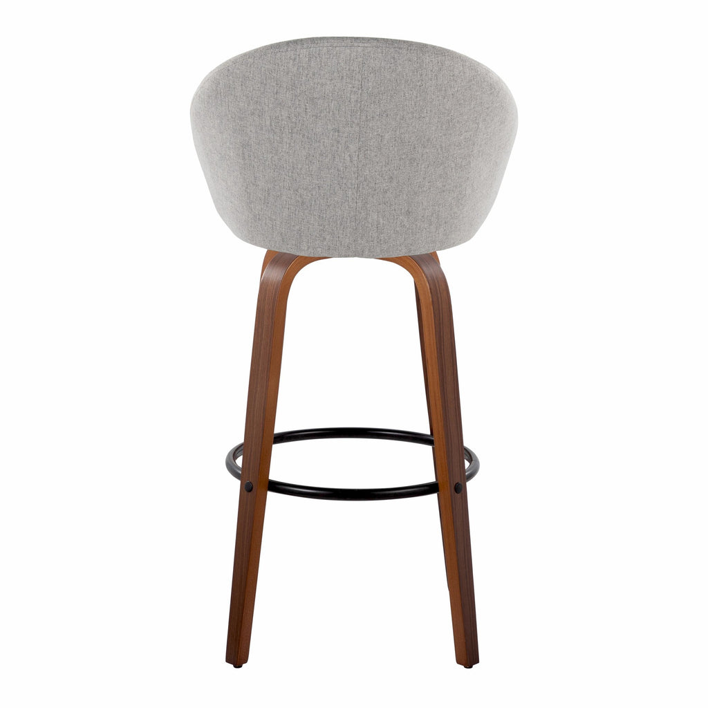 Matisse High Back 30" Fixed-Height Barstool - Set of 2 - Walnut Wood, Grey Fabric, Black Metal
