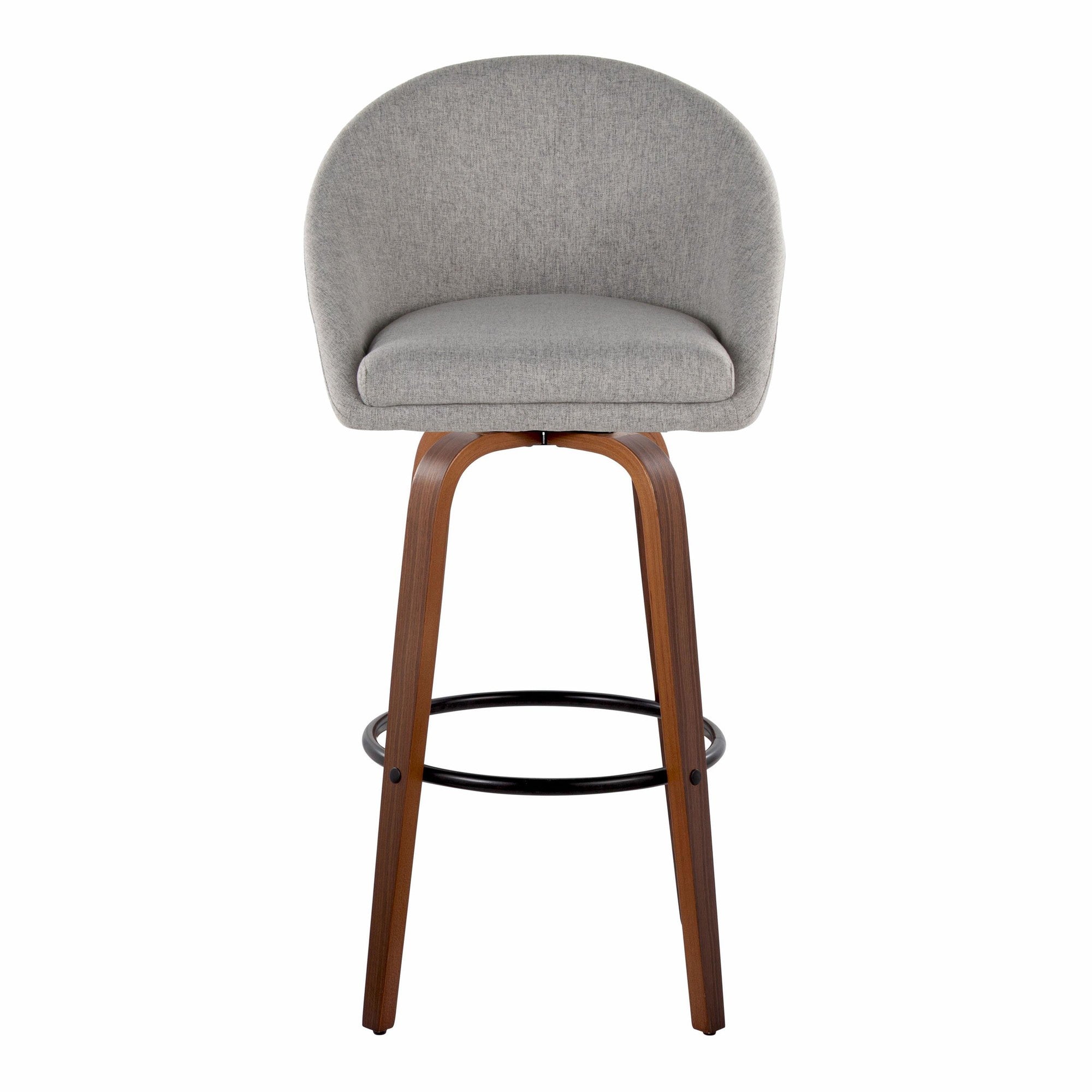 Matisse High Back 30" Fixed-Height Barstool - Set of 2 - Walnut Wood, Grey Fabric, Black Metal