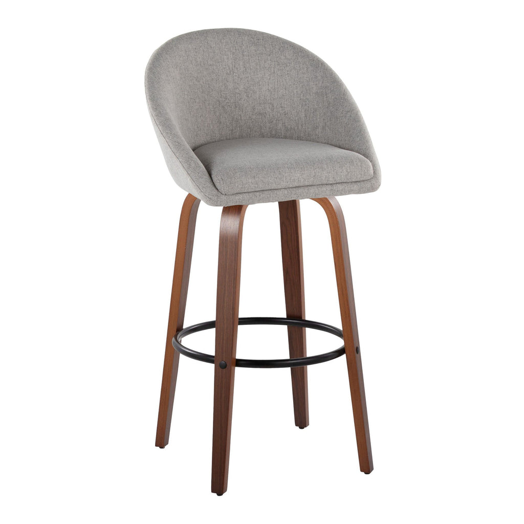 Matisse High Back 30" Fixed-Height Barstool - Set of 2 - Walnut Wood, Grey Fabric, Black Metal