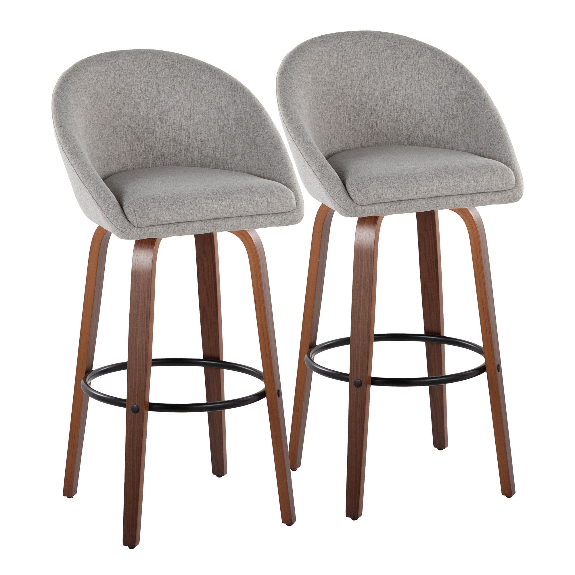 Matisse High Back 30" Fixed-Height Barstool - Set of 2 - Walnut Wood, Grey Fabric, Black Metal