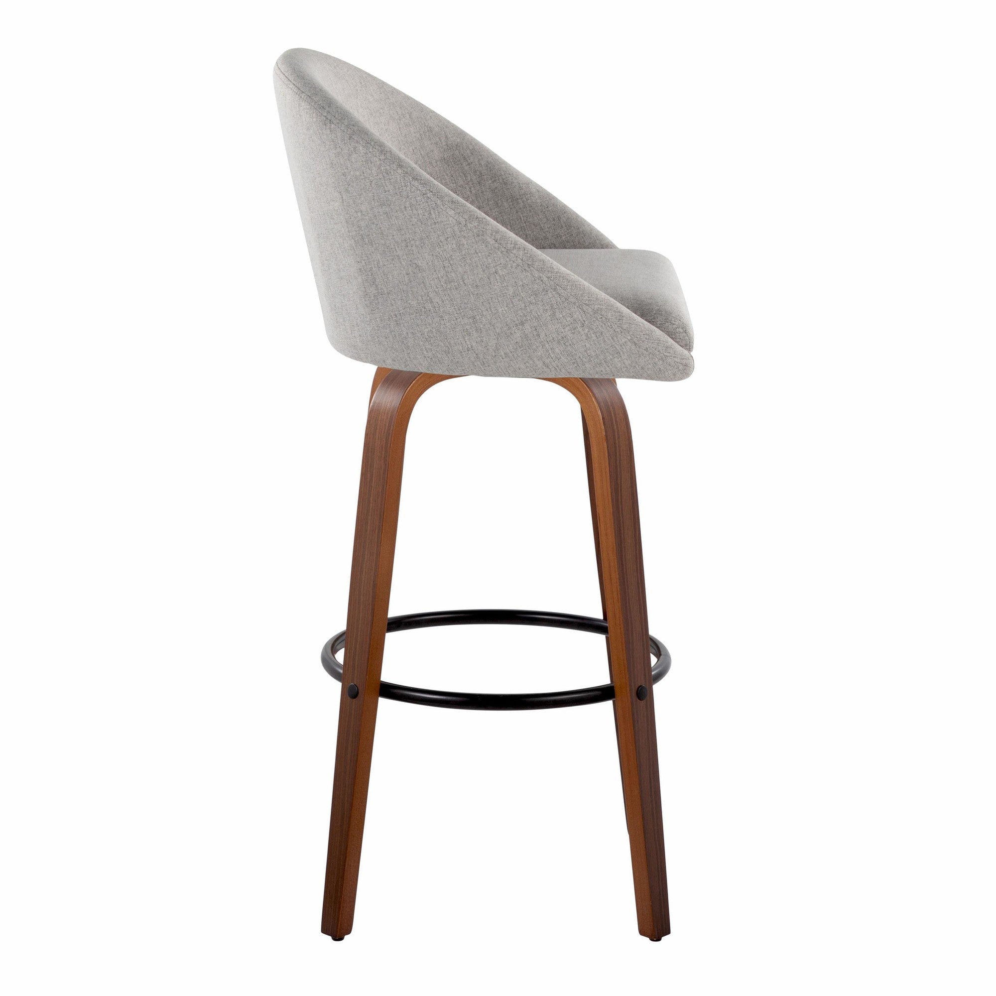 Matisse High Back 30" Fixed-Height Barstool - Set of 2 - Walnut Wood, Grey Fabric, Black Metal
