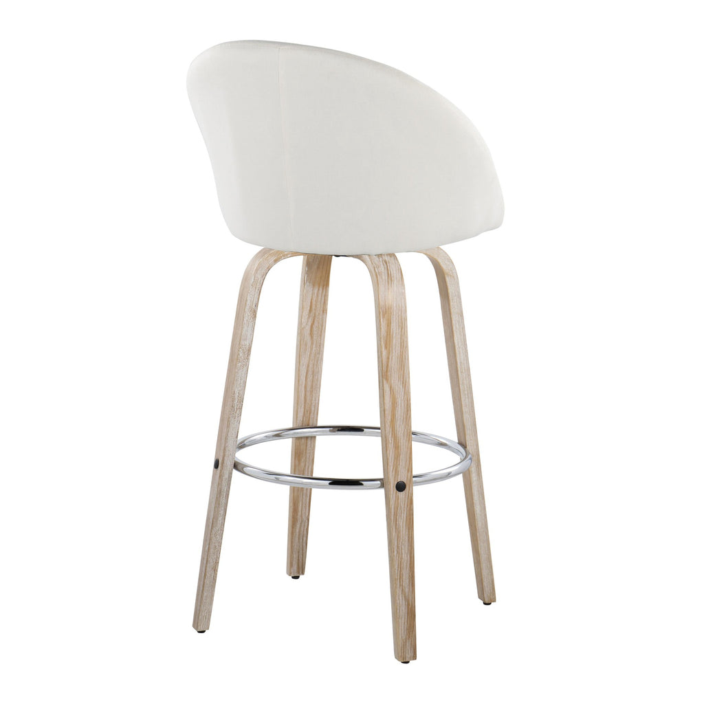 Matisse High Back 30" Fixed-Height Barstool - Set of 2 - Whitewashed Wood, Cream Fabric, Chrome Metal