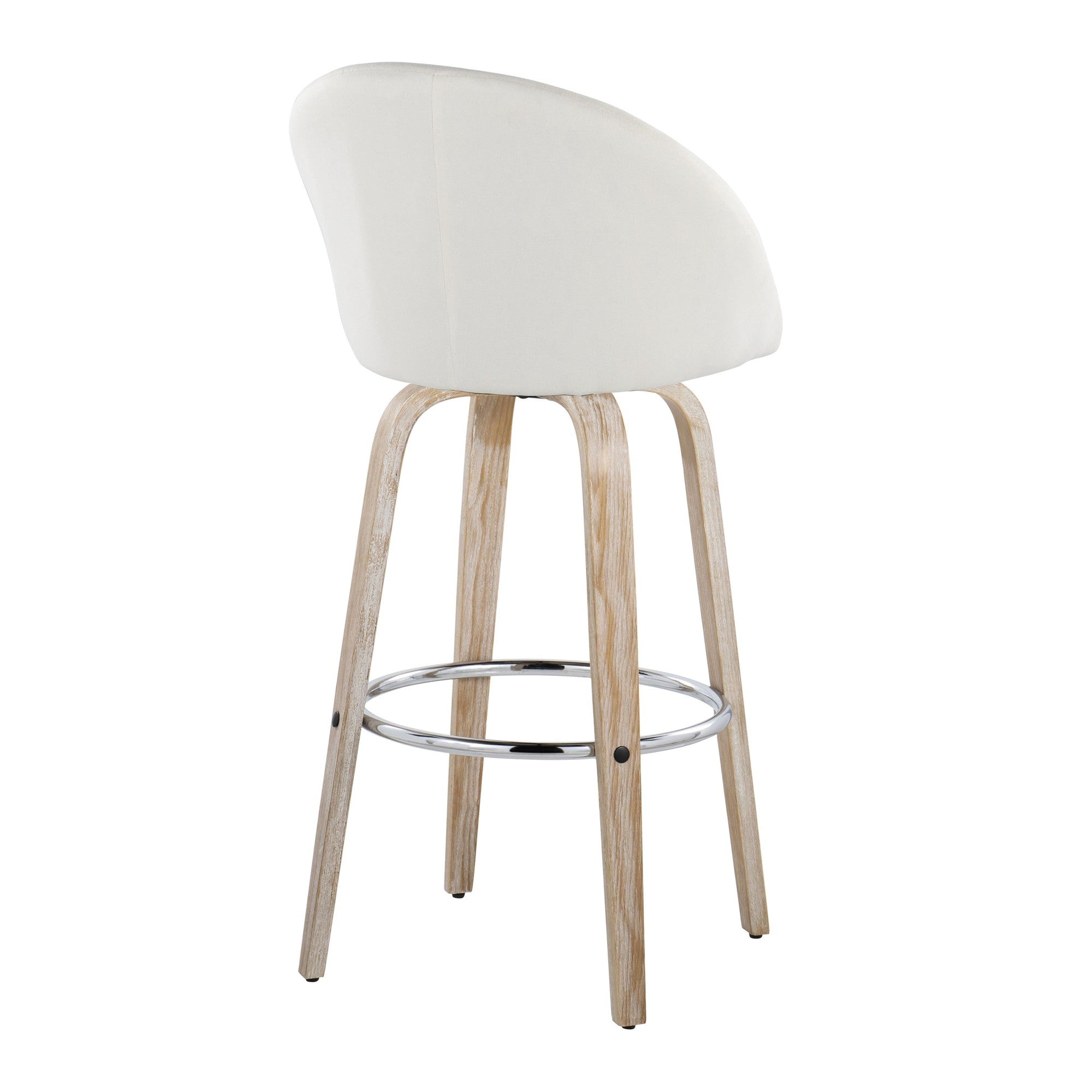 Matisse High Back 30" Fixed-Height Barstool - Set of 2 - Whitewashed Wood, Cream Fabric, Chrome Metal