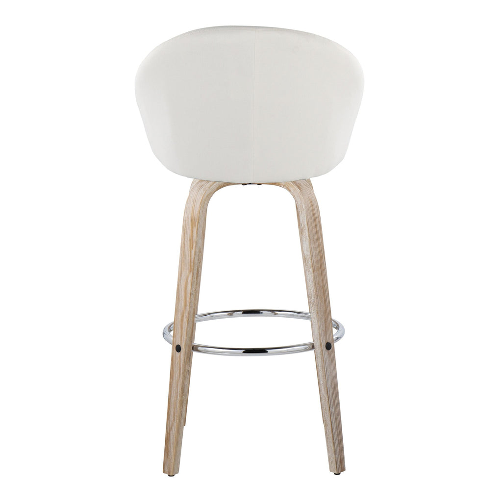 Matisse High Back 30" Fixed-Height Barstool - Set of 2 - Whitewashed Wood, Cream Fabric, Chrome Metal