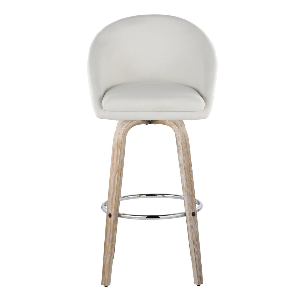 Matisse High Back 30" Fixed-Height Barstool - Set of 2 - Whitewashed Wood, Cream Fabric, Chrome Metal