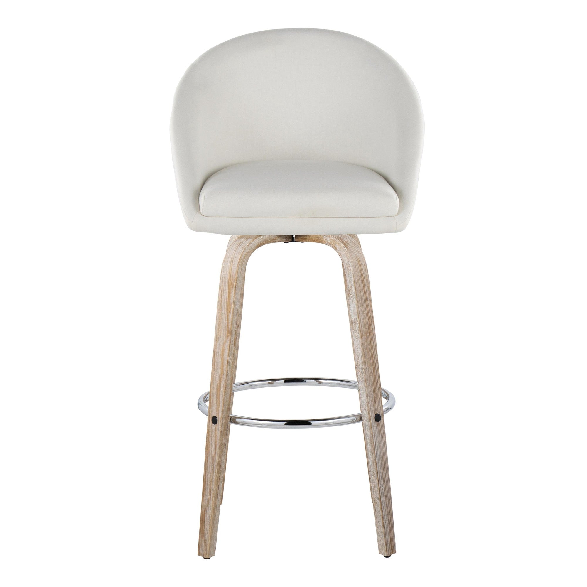 Matisse High Back 30" Fixed-Height Barstool - Set of 2 - Whitewashed Wood, Cream Fabric, Chrome Metal