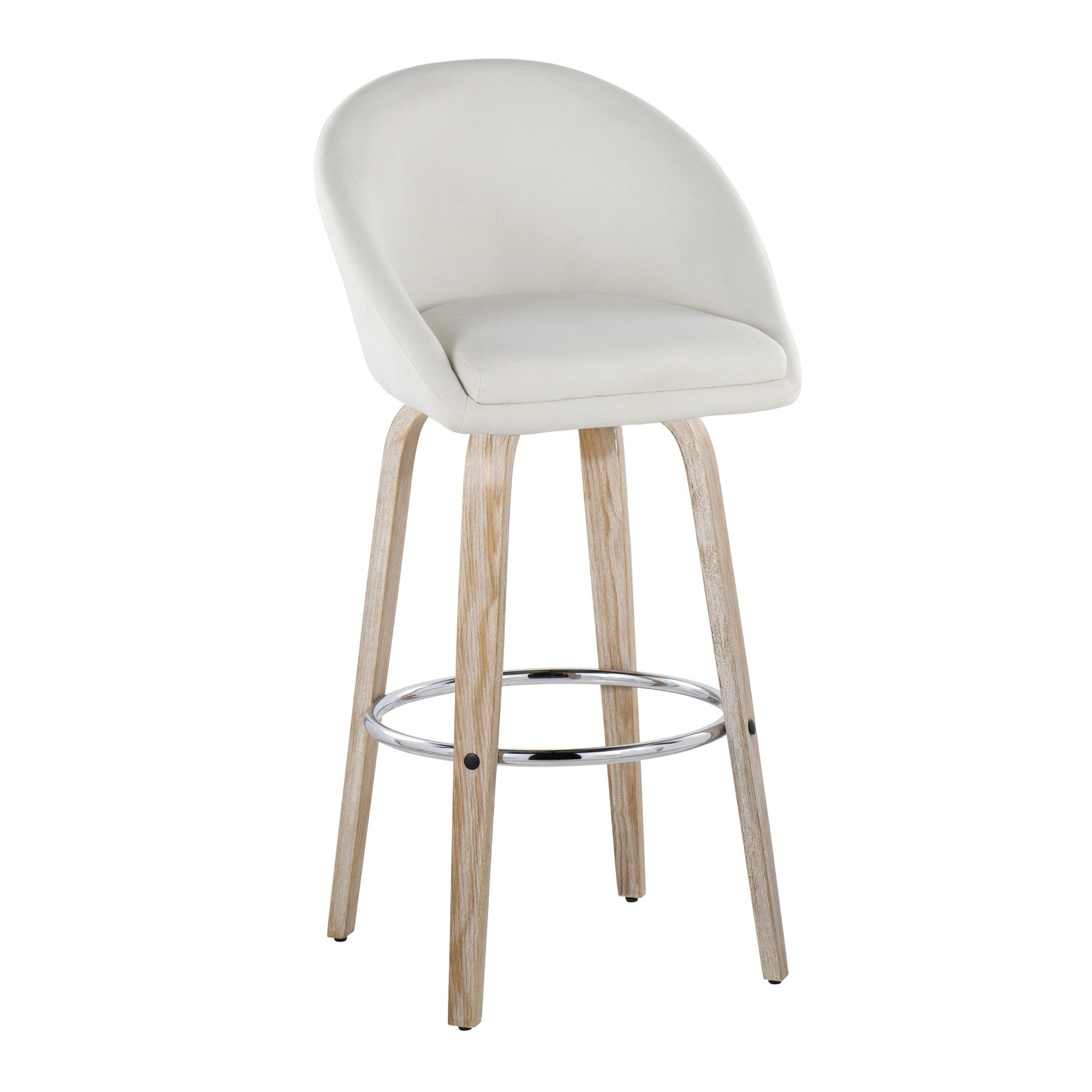 Matisse High Back 30" Fixed-Height Barstool - Set of 2 - Whitewashed Wood, Cream Fabric, Chrome Metal