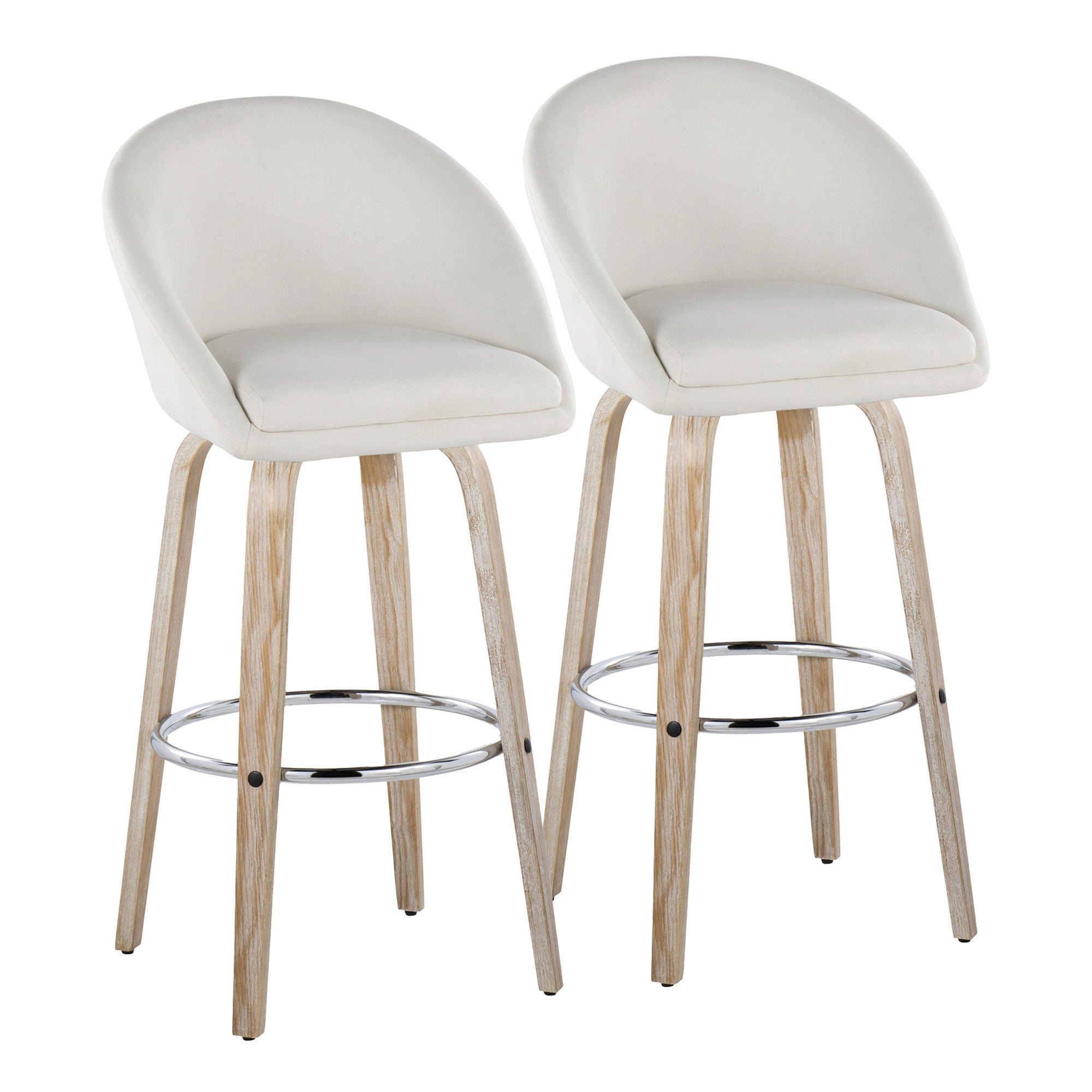 Matisse High Back 30" Fixed-Height Barstool - Set of 2 - Whitewashed Wood, Cream Fabric, Chrome Metal