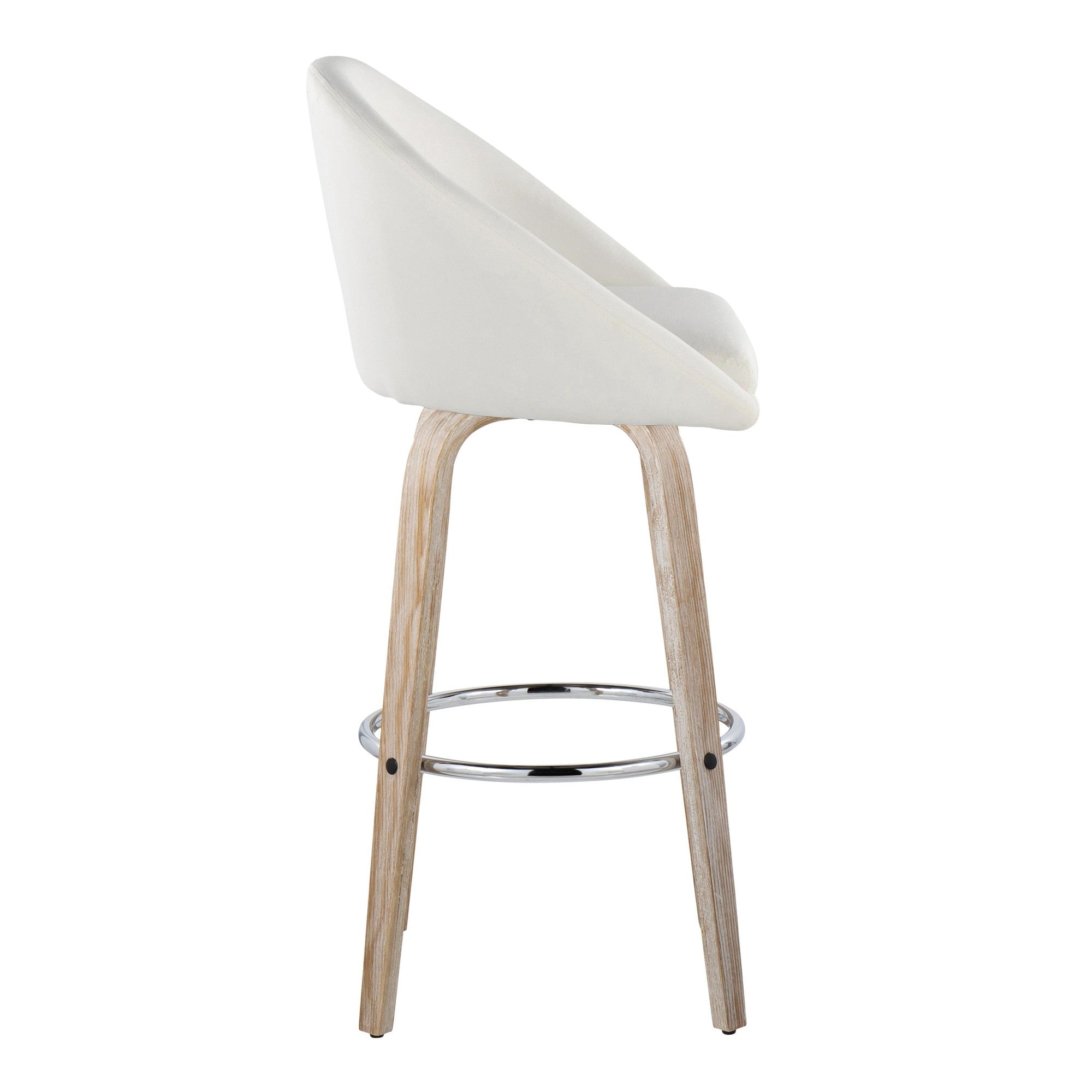 Matisse High Back 30" Fixed-Height Barstool - Set of 2 - Whitewashed Wood, Cream Fabric, Chrome Metal