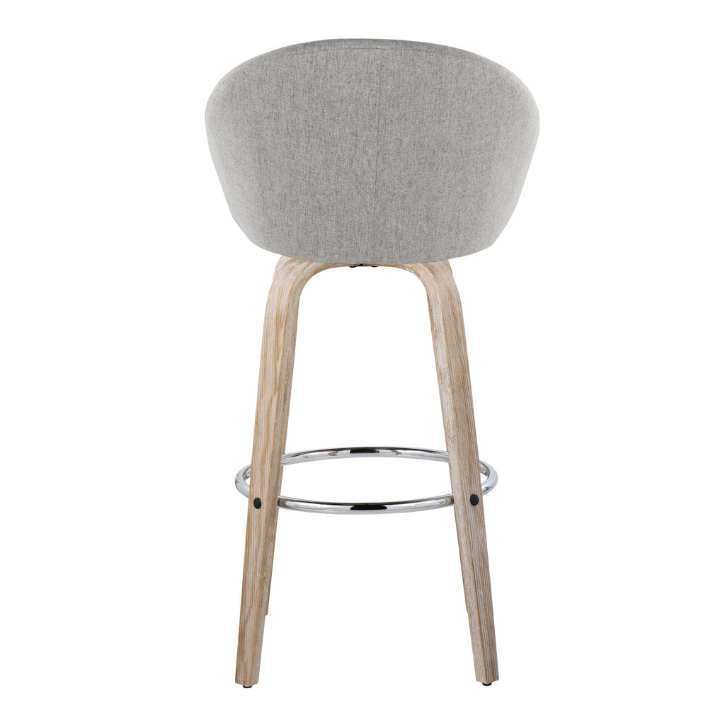 Matisse High Back 30" Fixed-Height Barstool - Set of 2 - Whitewashed Wood, Grey Fabric, Chrome Metal