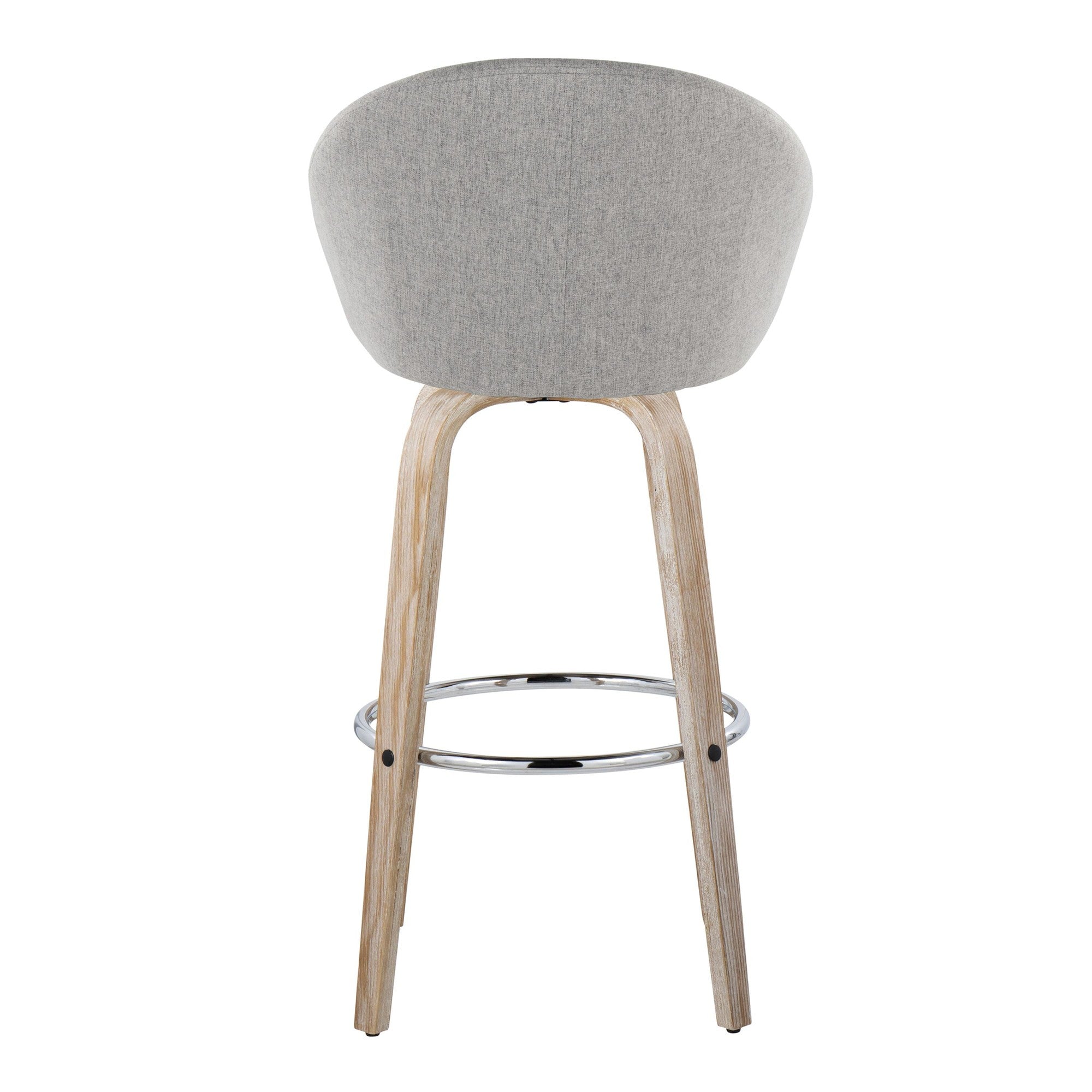 Matisse High Back 30" Fixed-Height Barstool - Set of 2 - Whitewashed Wood, Grey Fabric, Chrome Metal