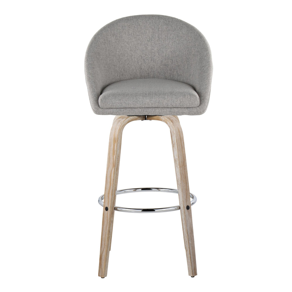 Matisse High Back 30" Fixed-Height Barstool - Set of 2 - Whitewashed Wood, Grey Fabric, Chrome Metal