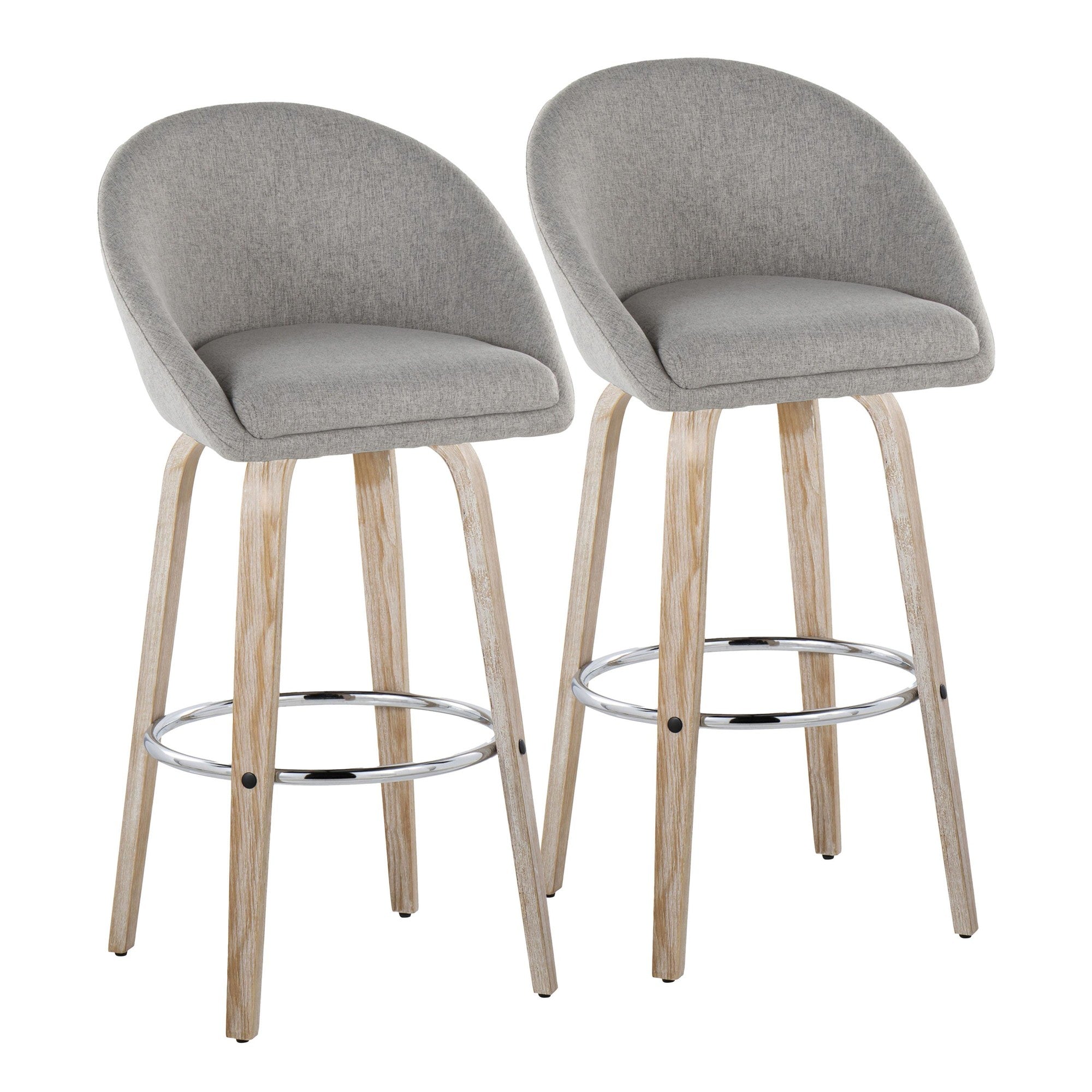 Matisse High Back 30" Fixed-Height Barstool - Set of 2 - Whitewashed Wood, Grey Fabric, Chrome Metal