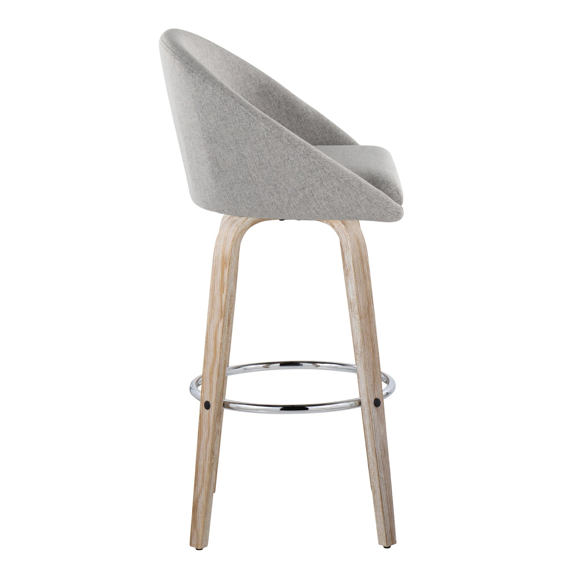 Matisse High Back 30" Fixed-Height Barstool - Set of 2 - Whitewashed Wood, Grey Fabric, Chrome Metal