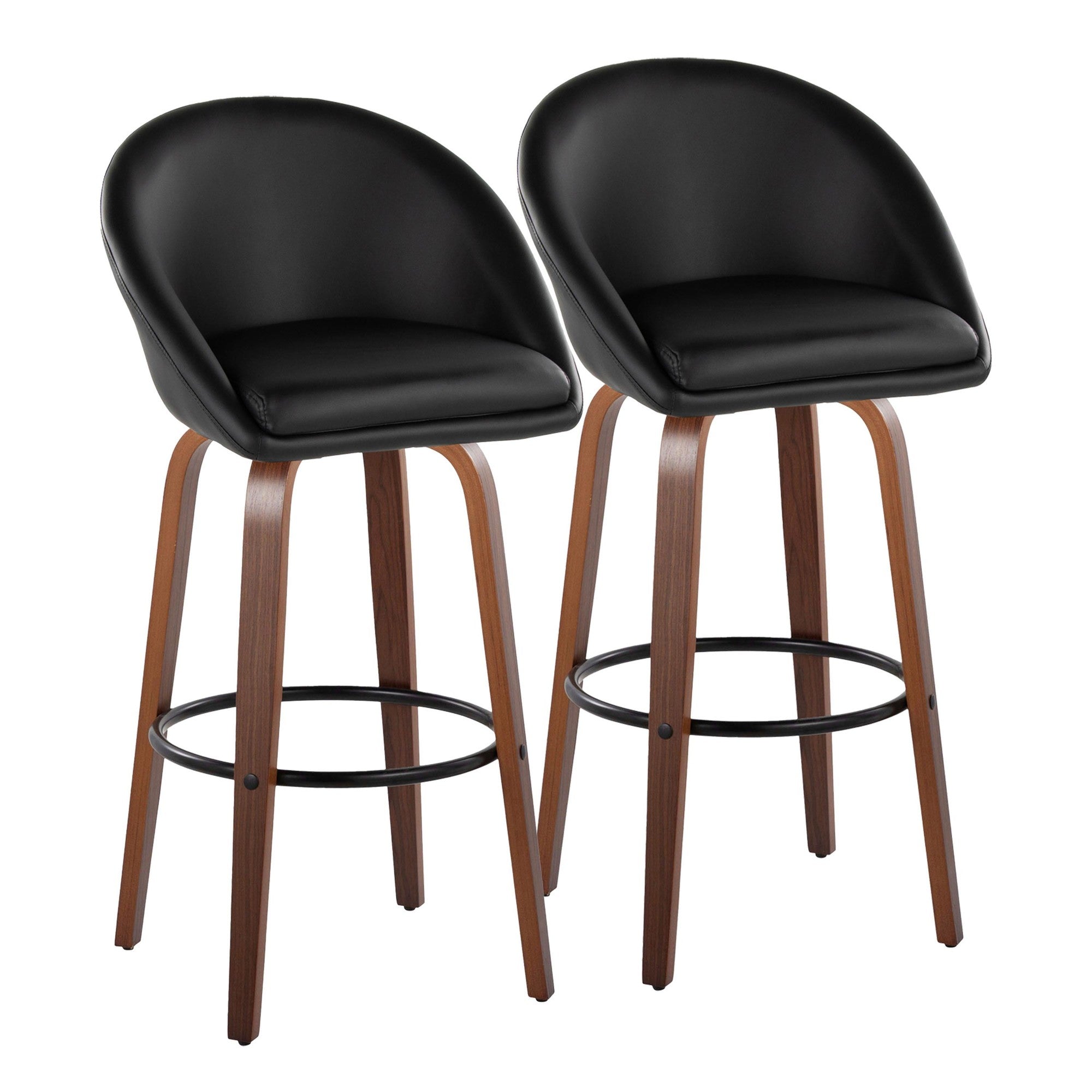 Matisse High Back 30" Fixed-Height Barstool - Set of 2 - Walnut Wood, Black PU, Black Metal