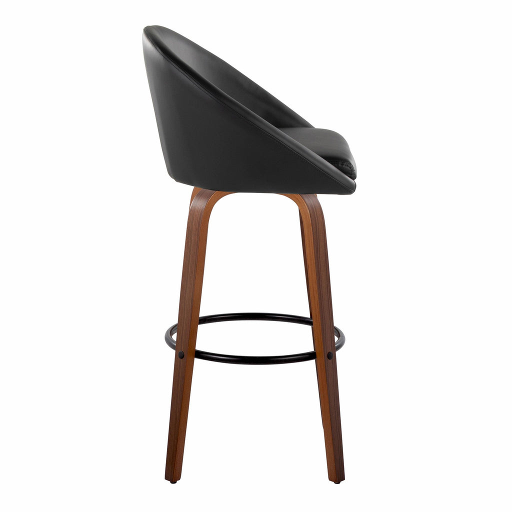 Matisse High Back 30" Fixed-Height Barstool - Set of 2 - Walnut Wood, Black PU, Black Metal