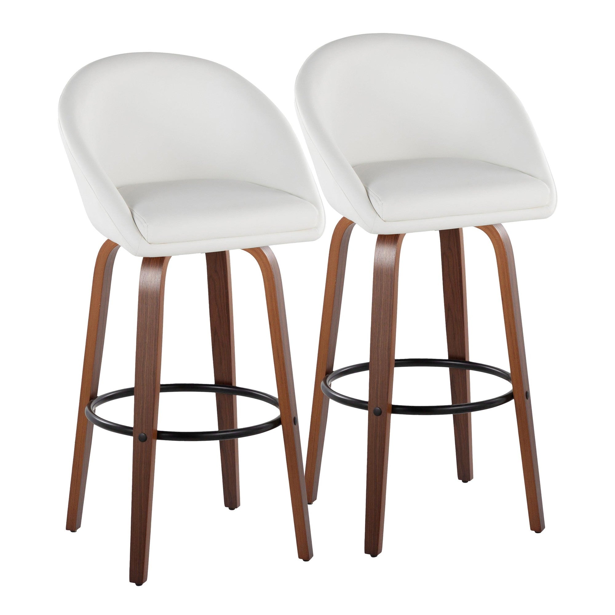 Matisse High Back 30" Fixed-Height Barstool - Set of 2 - Walnut Wood, White PU, Black Metal