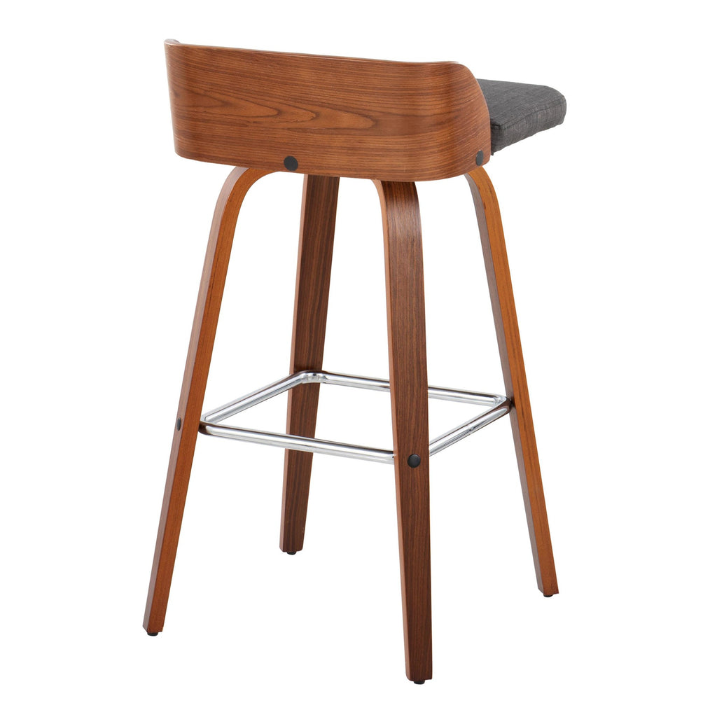 Maya 30" Fixed-Height Barstool - Set of 2 - Chrome Metal, Walnut Wood, Charcoal Fabric
