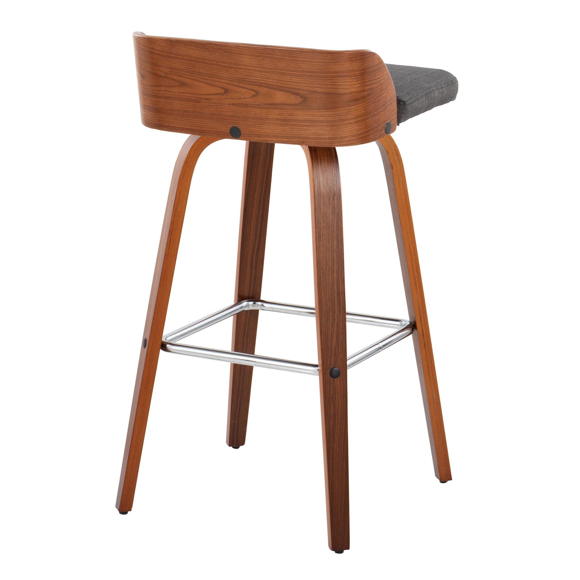Maya 30" Fixed-Height Barstool - Set of 2 - Chrome Metal, Walnut Wood, Charcoal Fabric