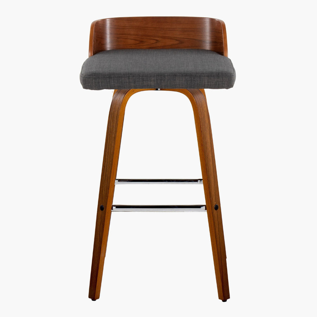Maya 30" Fixed-Height Barstool - Set of 2 - Chrome Metal, Walnut Wood, Charcoal Fabric