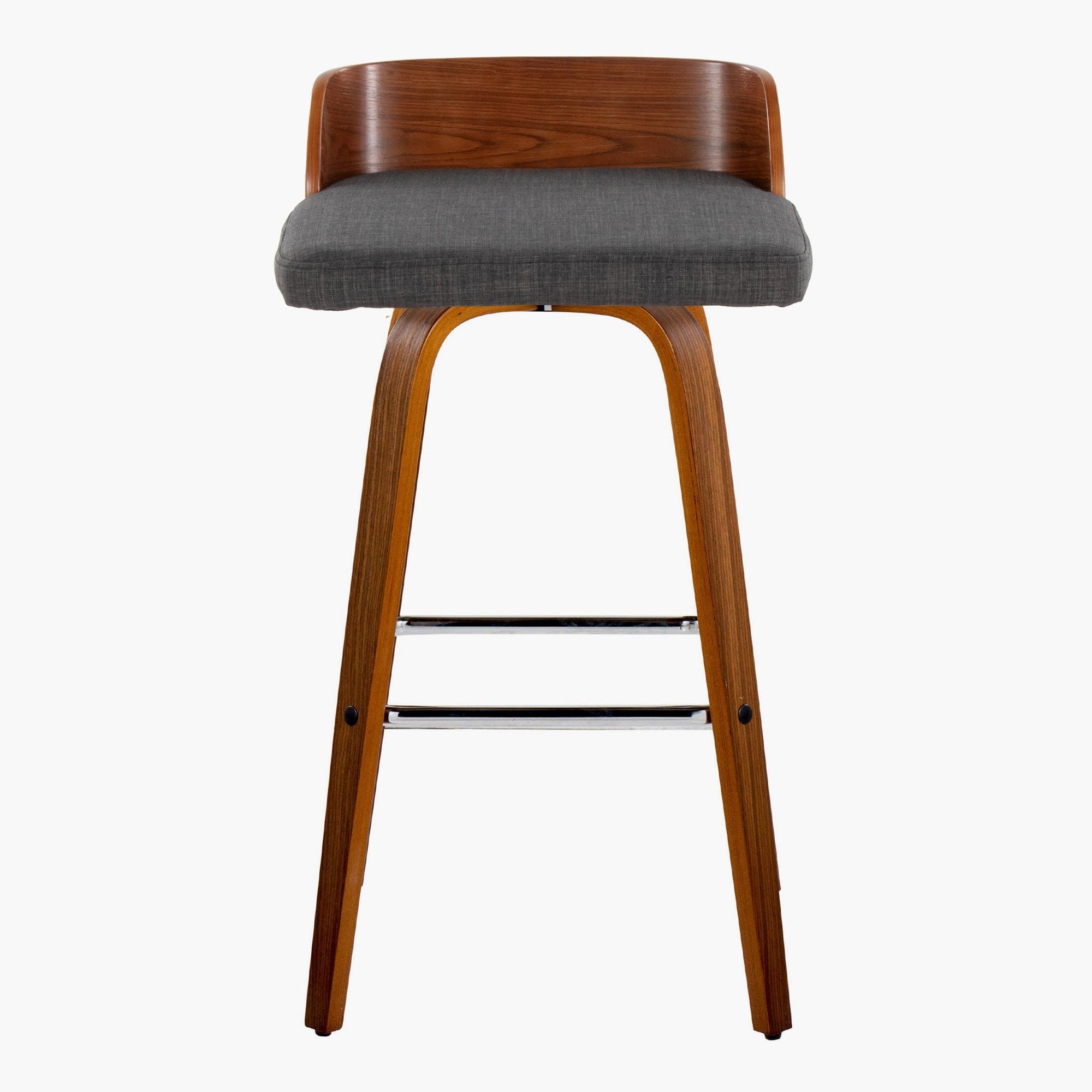 Maya 30" Fixed-Height Barstool - Set of 2 - Chrome Metal, Walnut Wood, Charcoal Fabric