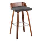 Maya 30" Fixed-Height Barstool - Set of 2 - Chrome Metal, Walnut Wood, Charcoal Fabric