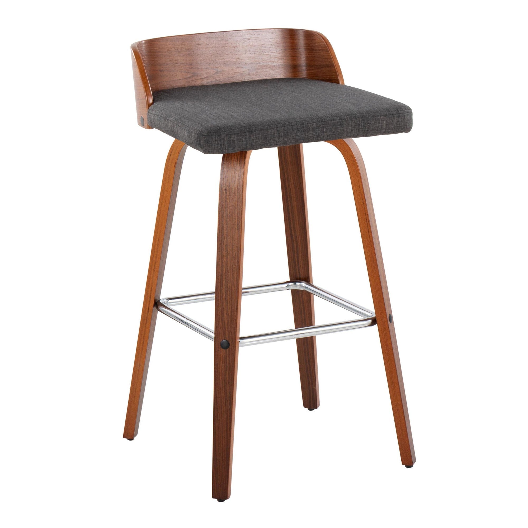 Maya 30" Fixed-Height Barstool - Set of 2 - Chrome Metal, Walnut Wood, Charcoal Fabric