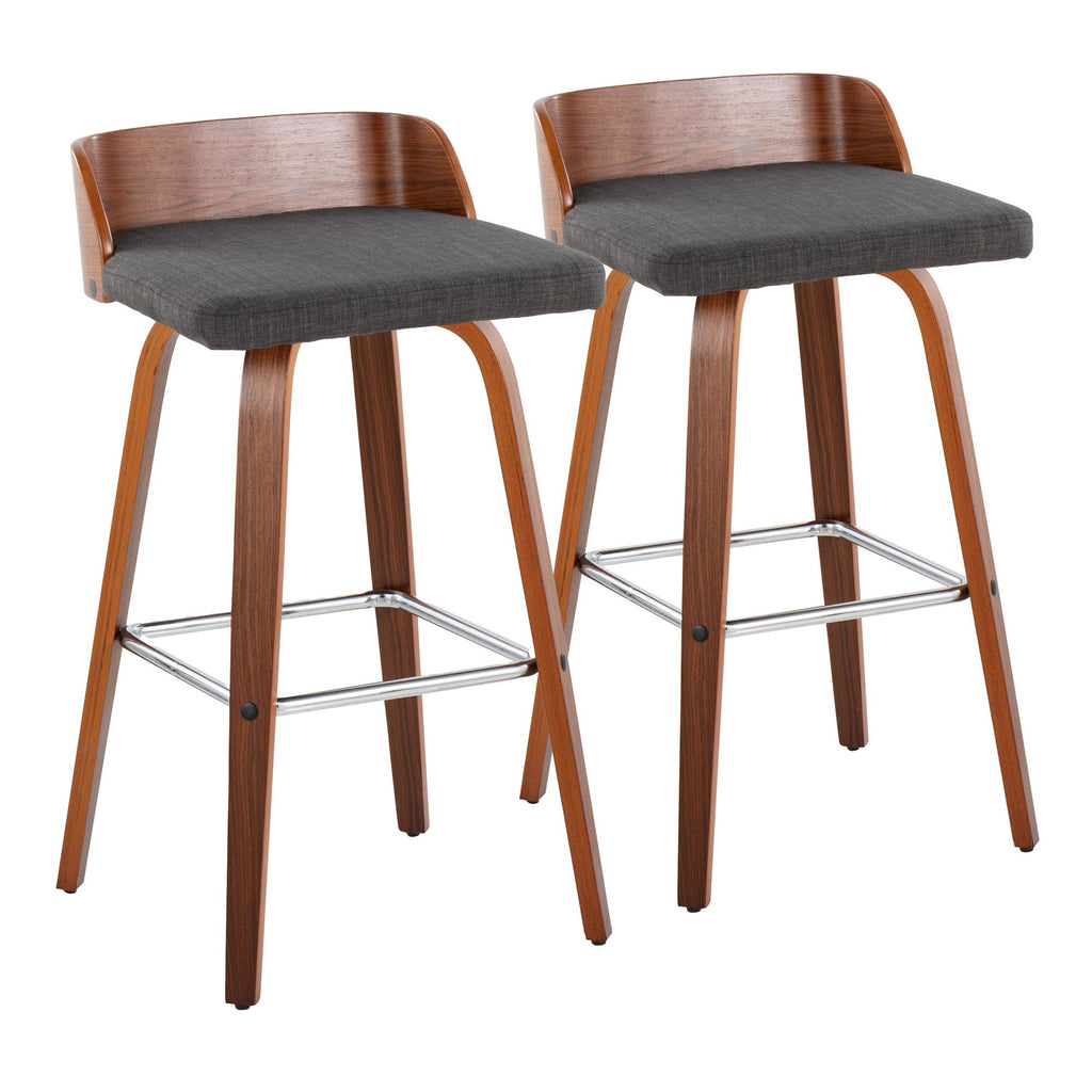 Maya 30" Fixed-Height Barstool - Set of 2 - Chrome Metal, Walnut Wood, Charcoal Fabric