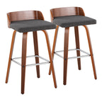 Maya 30" Fixed-Height Barstool - Set of 2 - Chrome Metal, Walnut Wood, Charcoal Fabric