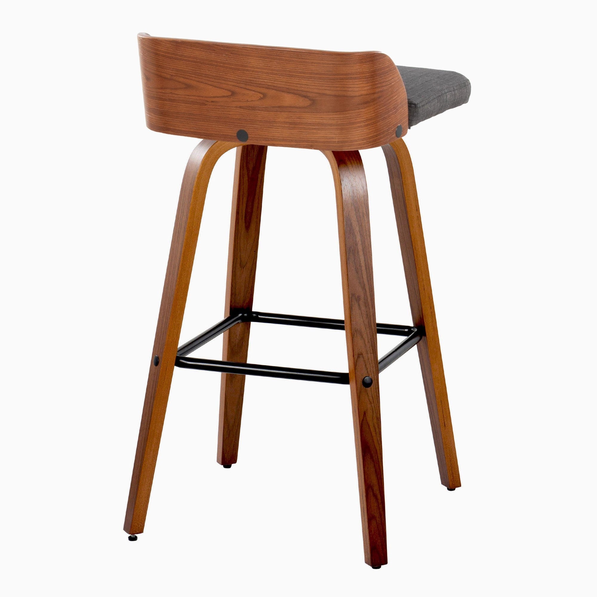 Maya 30" Fixed-Height Barstool - Set of 2 - Black Metal, Walnut Wood, Charcoal Fabric
