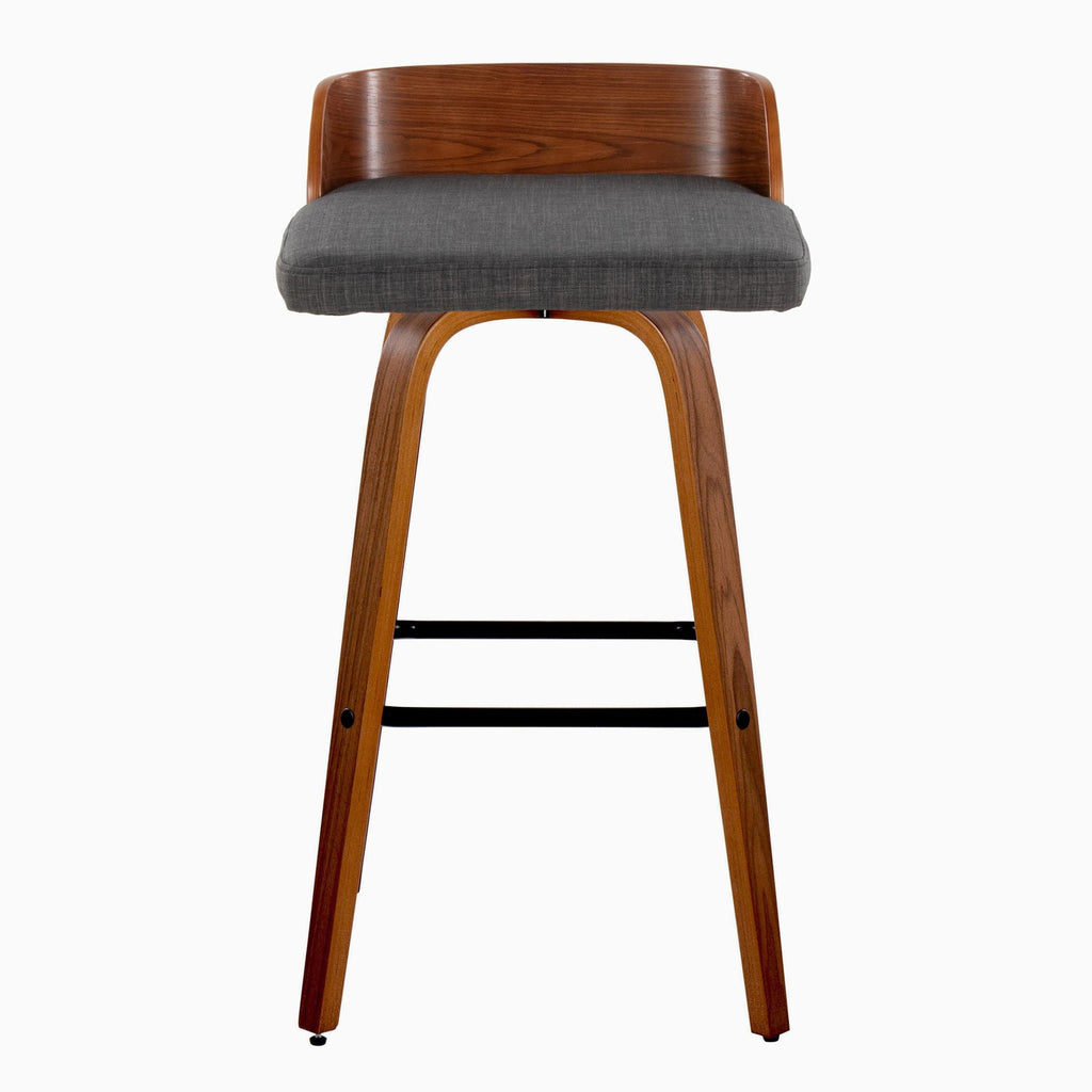 Maya 30" Fixed-Height Barstool - Set of 2 - Black Metal, Walnut Wood, Charcoal Fabric
