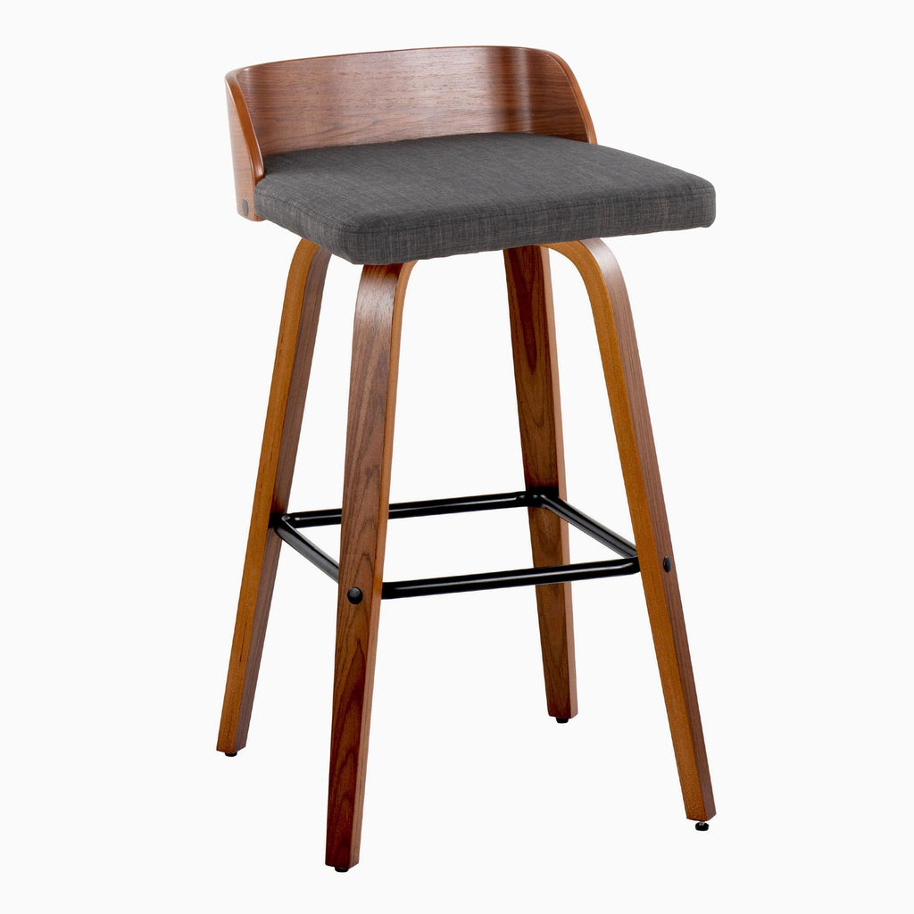 Maya 30" Fixed-Height Barstool - Set of 2 - Black Metal, Walnut Wood, Charcoal Fabric