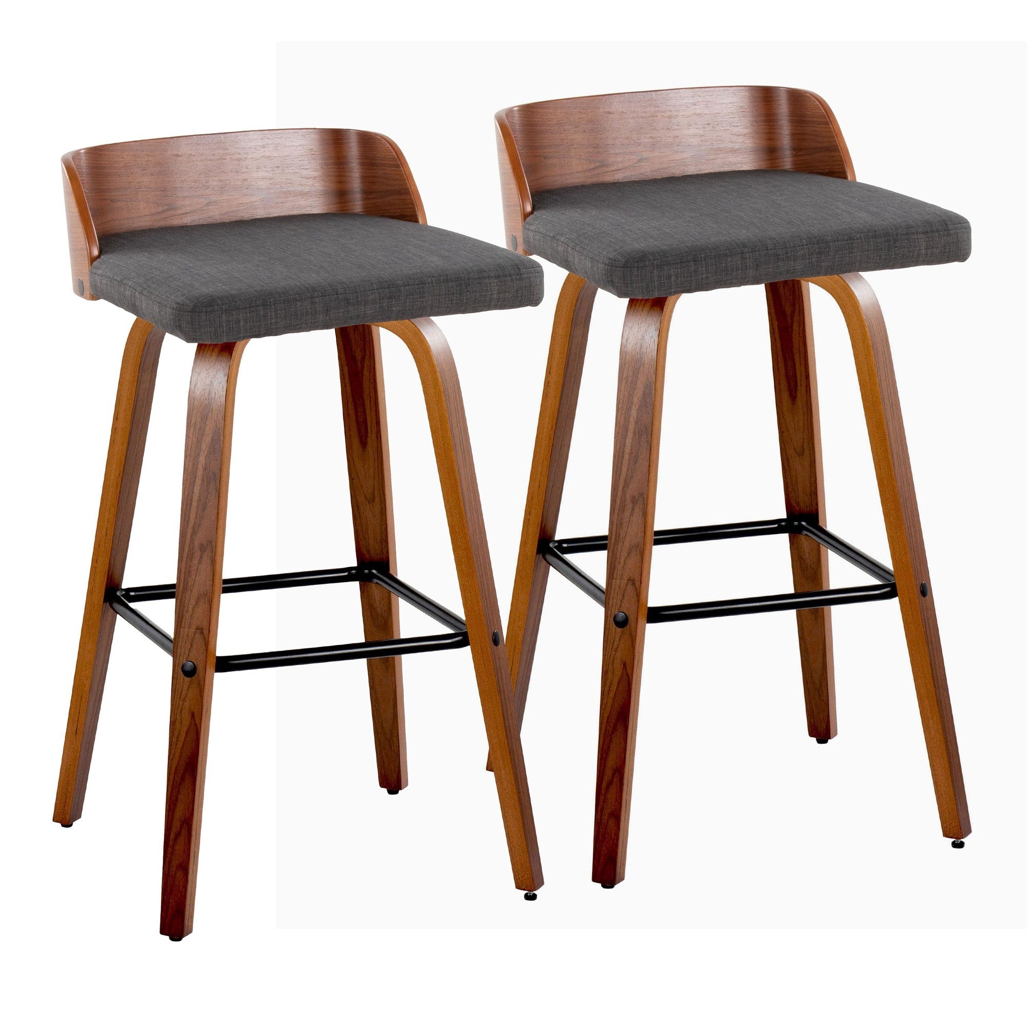 Maya 30" Fixed-Height Barstool - Set of 2 - Black Metal, Walnut Wood, Charcoal Fabric