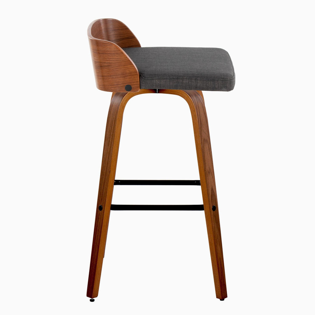 Maya 30" Fixed-Height Barstool - Set of 2 - Black Metal, Walnut Wood, Charcoal Fabric