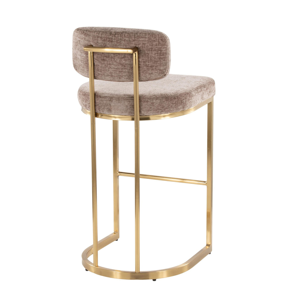 Mid-back Demi 30" Fixed-Height Barstool - Set of 2 - Gold Metal, Brown Fabric