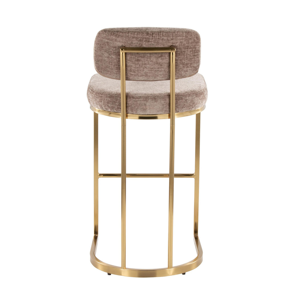 Mid-back Demi 30" Fixed-Height Barstool - Set of 2 - Gold Metal, Brown Fabric