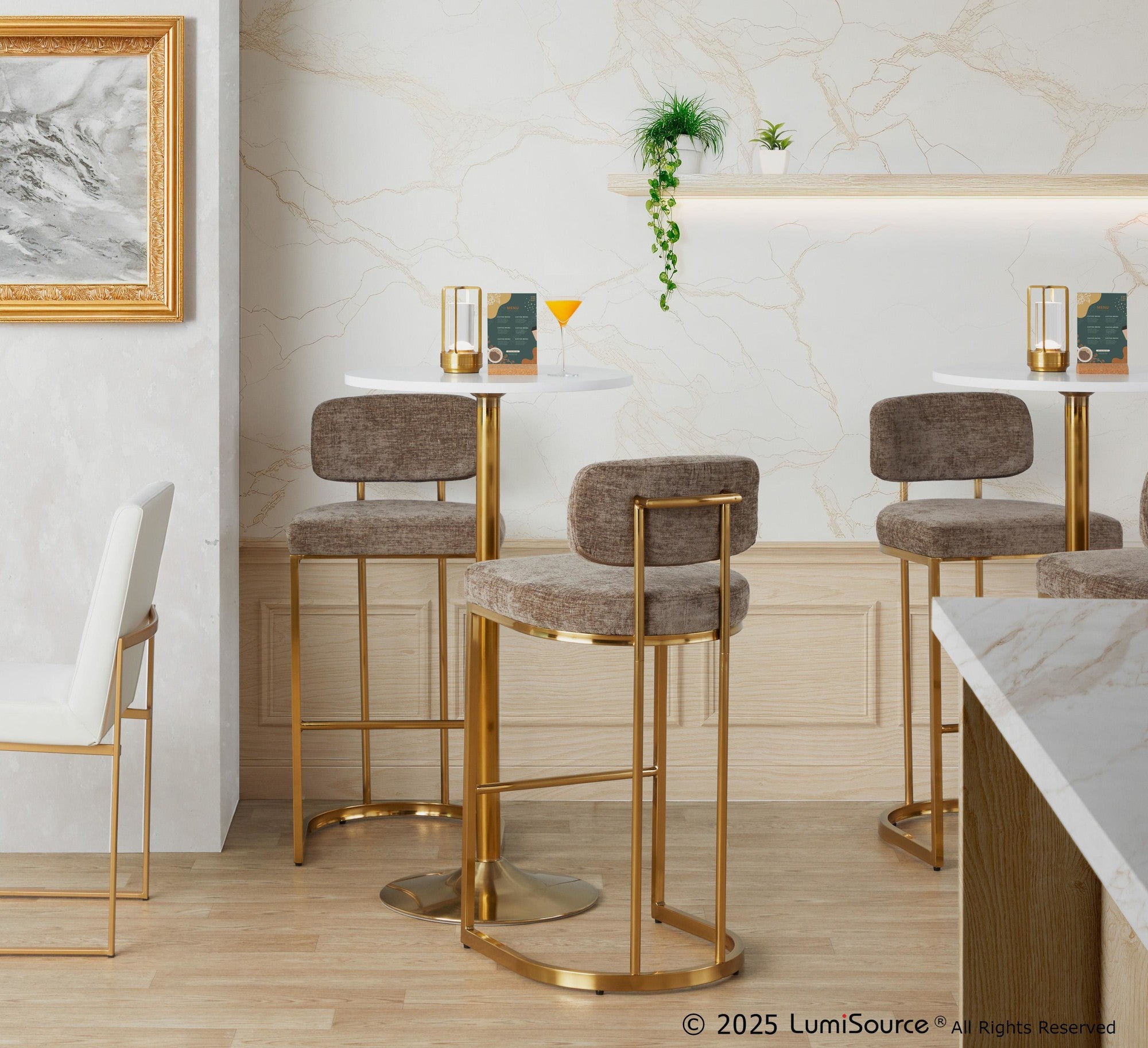 Mid-back Demi 30" Fixed-Height Barstool - Set of 2 - Gold Metal, Brown Fabric