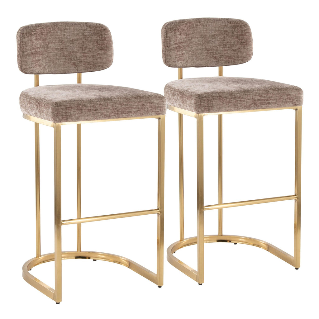 Mid-back Demi 30" Fixed-Height Barstool - Set of 2 - Gold Metal, Brown Fabric