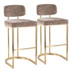 Mid-back Demi 30" Fixed-Height Barstool - Set of 2 - Gold Metal, Brown Fabric