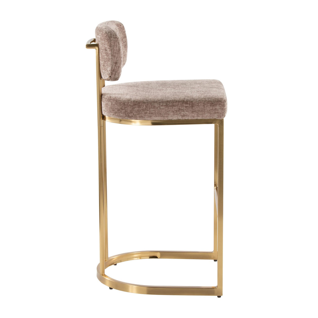 Mid-back Demi 30" Fixed-Height Barstool - Set of 2 - Gold Metal, Brown Fabric