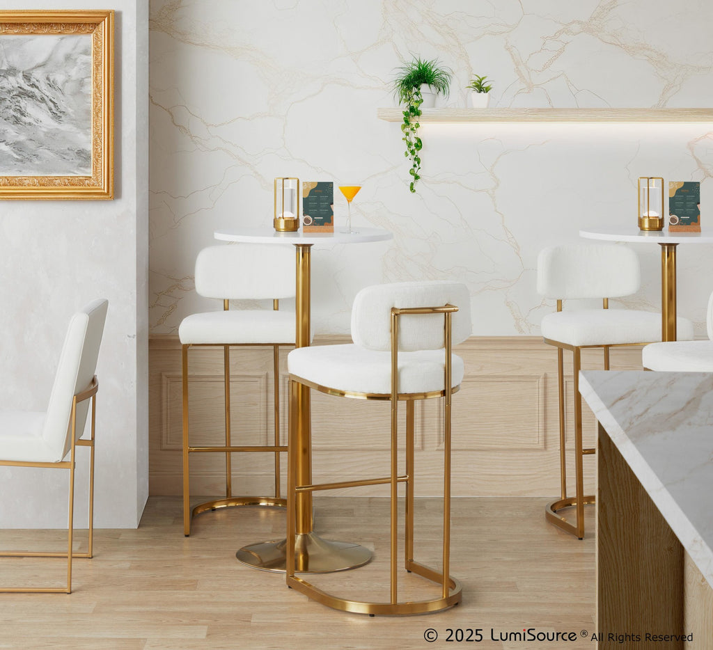 Mid-back Demi 30" Fixed-Height Barstool - Set of 2 - Gold Metal, Cream Fabric