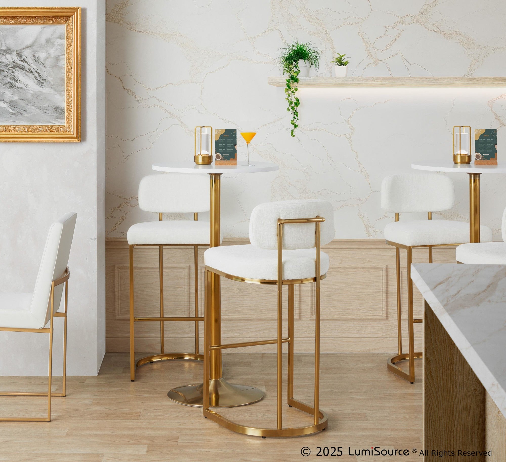 Mid-back Demi 30" Fixed-Height Barstool - Set of 2 - Gold Metal, Cream Fabric